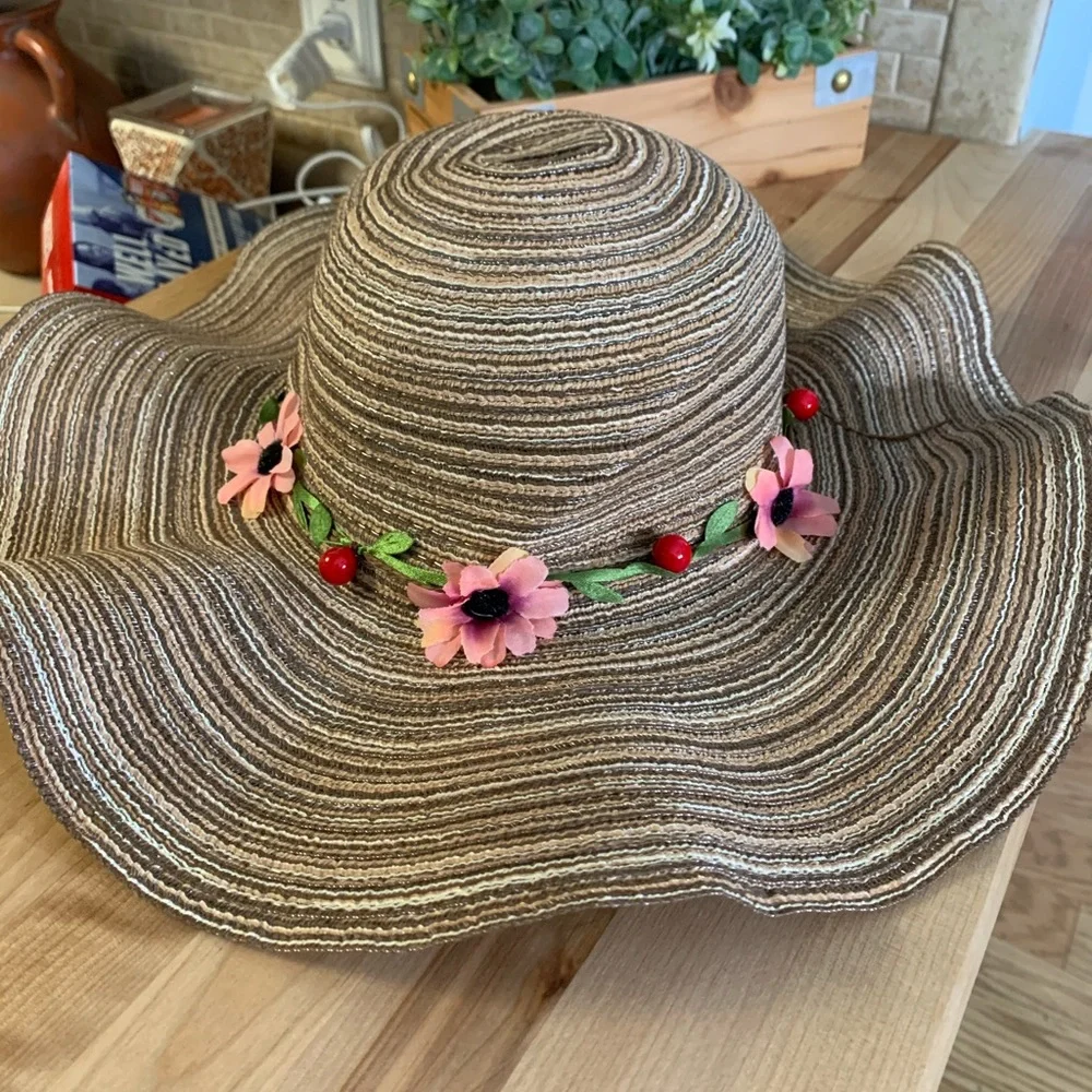 Khaki Boho Flower Pink Decor Floppy Sun Hat